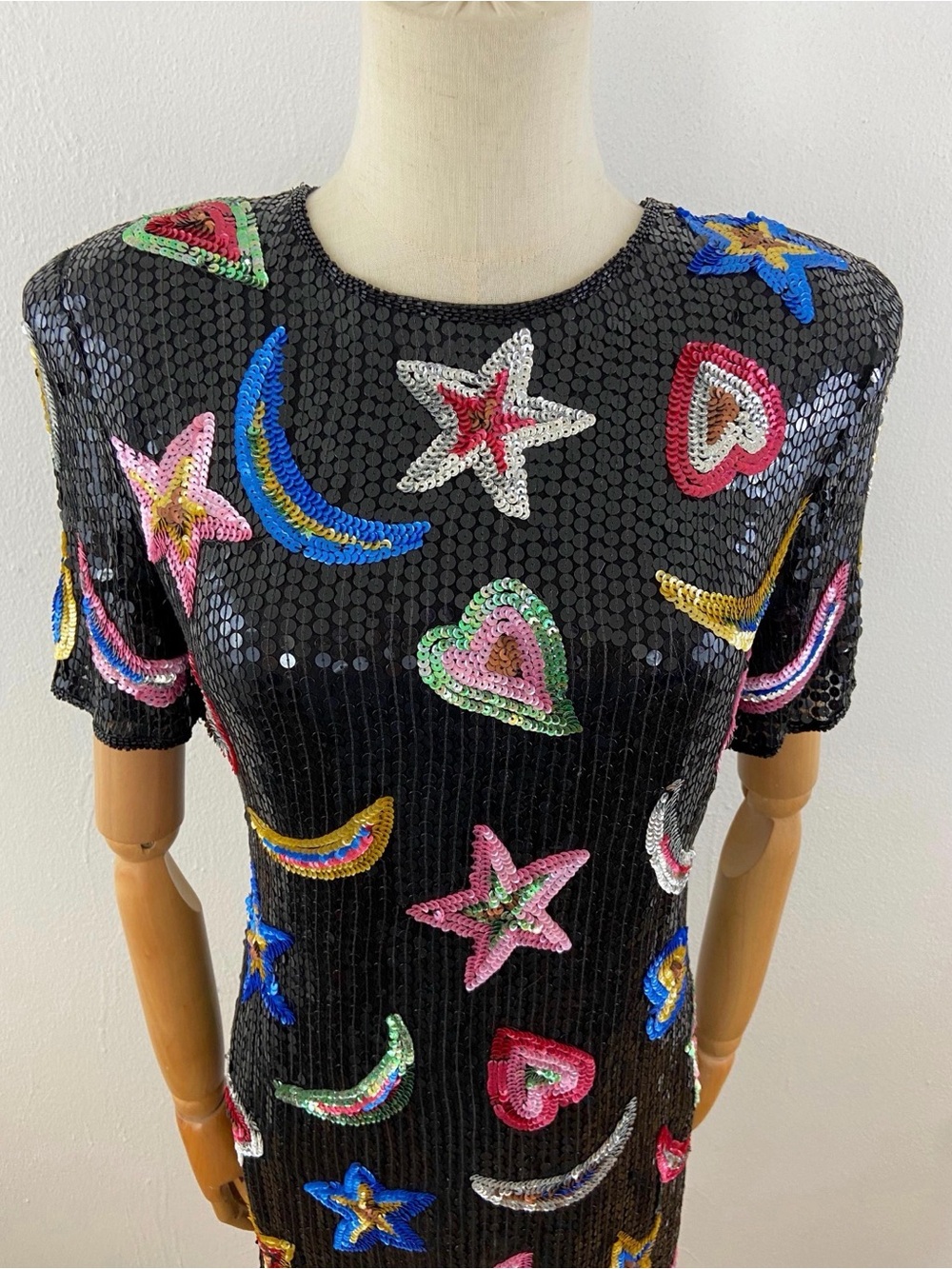 Vintage 80s Sequin Dress with Multicolor Star & Heart Sequins